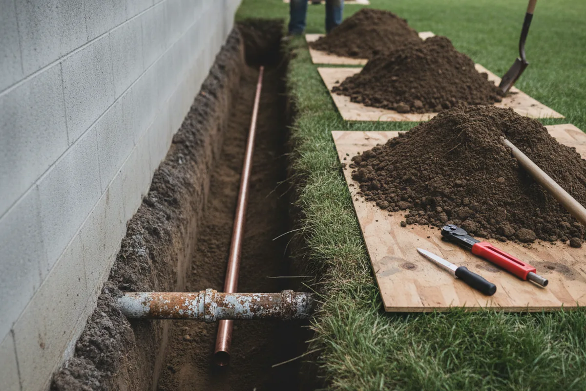 Excavated water line trench during Sewer Line Repair in Weir
